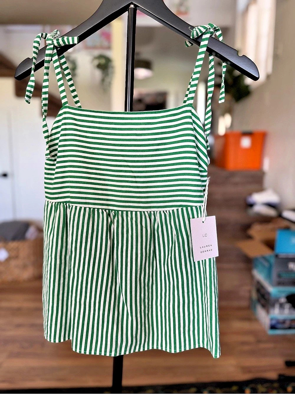 LC Lauren Conrad Striped Tie-Shoulder Tank Top Green & White NWT